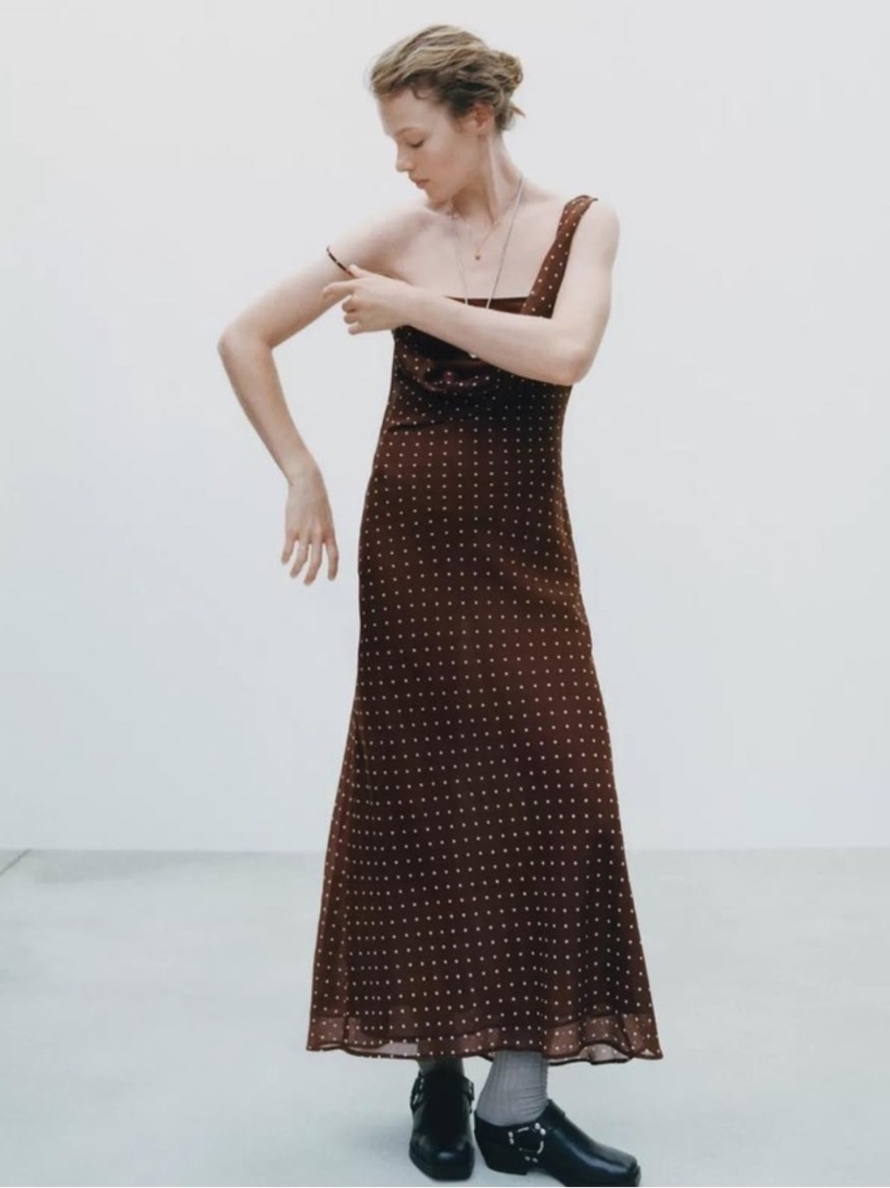 ZARA Brown Draped Neck Polka Dot Maxi Dress - Picture 13 of 17